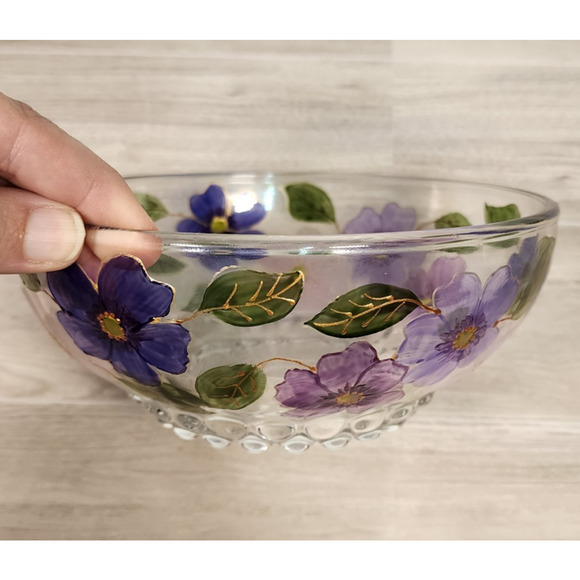 Handpainted Arc France Glass Bowl Purple & Pink Flowers Floral Spring EUC - Picture 2 of 8
